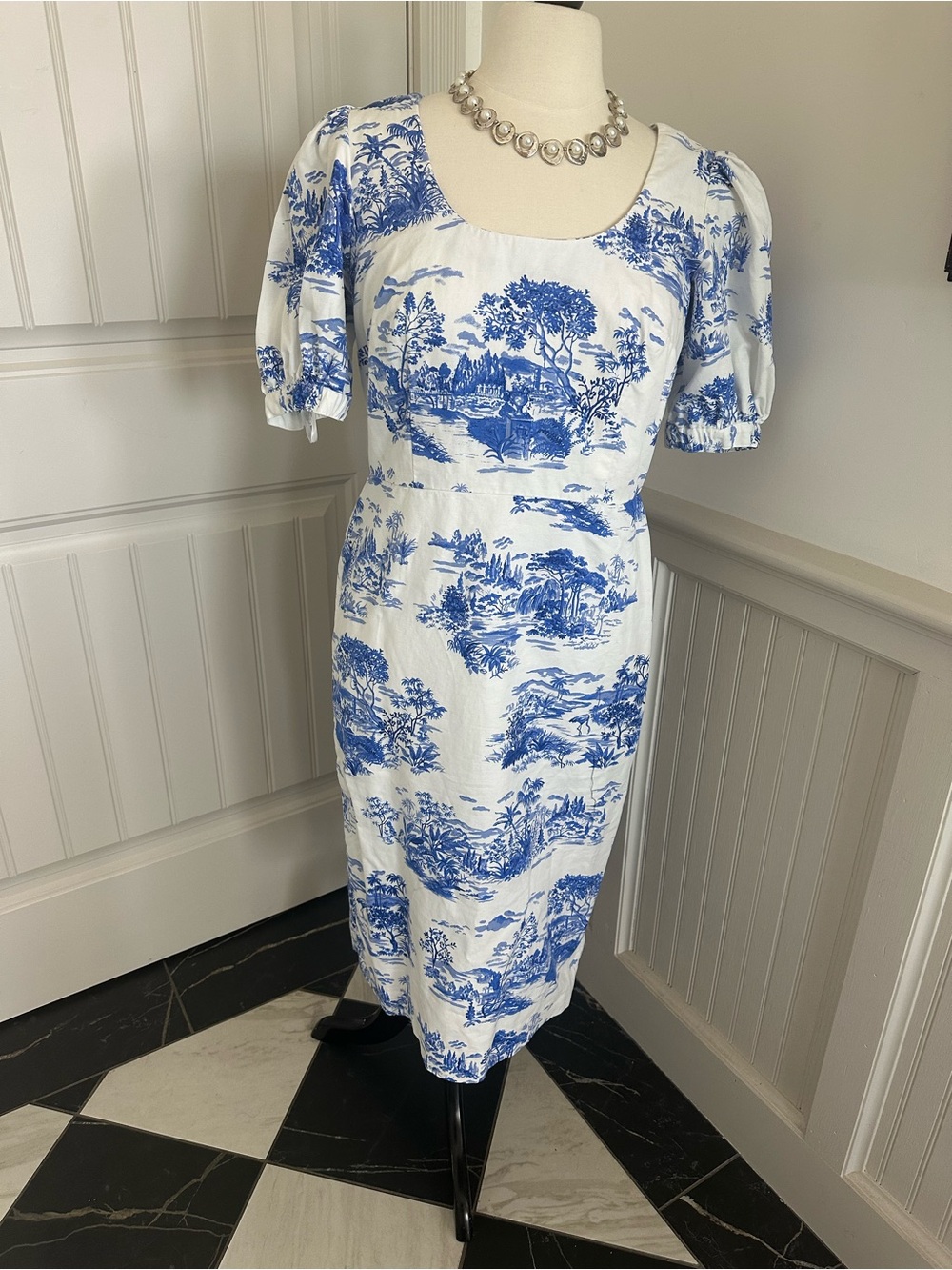 Ann Taylor Blue and White Toile Puff-Sleeve Midi Dress